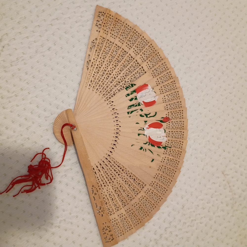 Wooden Hand Fan with Floral Design - Beige and Red
